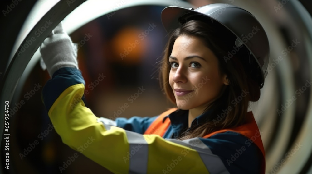 Heavy equipment female engineer are working and inspect the metal sheet factorys machinery.