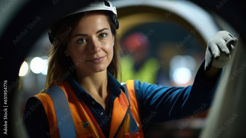 Heavy equipment female engineer are working and inspect the metal sheet factorys machinery.