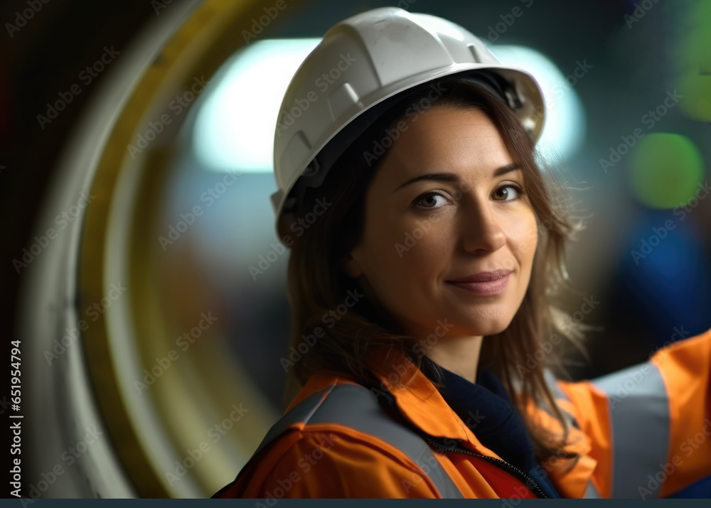 Heavy equipment female engineer are working and inspect the metal sheet factorys machinery.