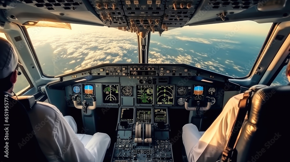 Cockpit of a modern private jet airplane.