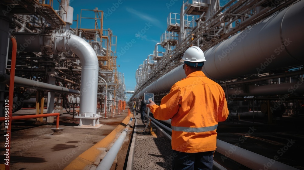 Engineer doing inspection steel long pipes and pipe elbow in station oil factory during refinery valve of visual check record pipeline oil.