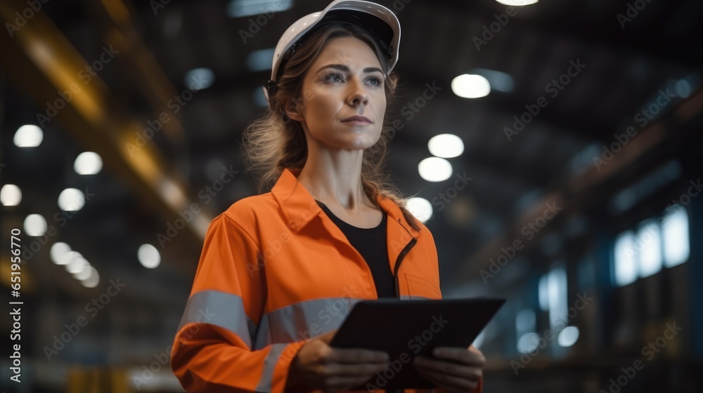 Engineer female doing inspection and working in a metal manufacture warehouse.