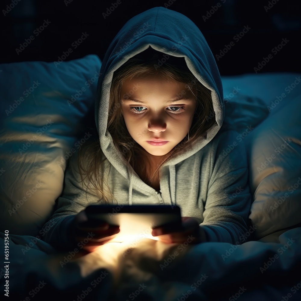 Little girl playing games on mobile phone in his bed.