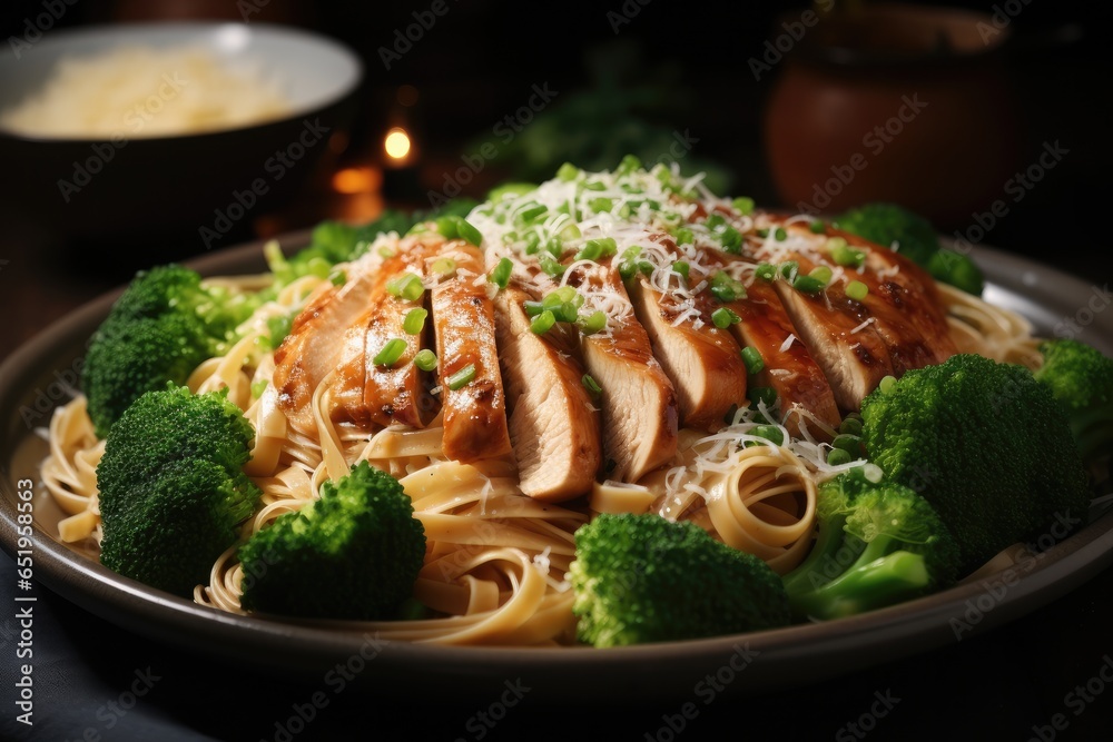 Whole wheat pasta with chicken and broccoli, Food.