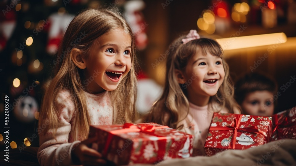 Excited children opening their presents on Christmas morning