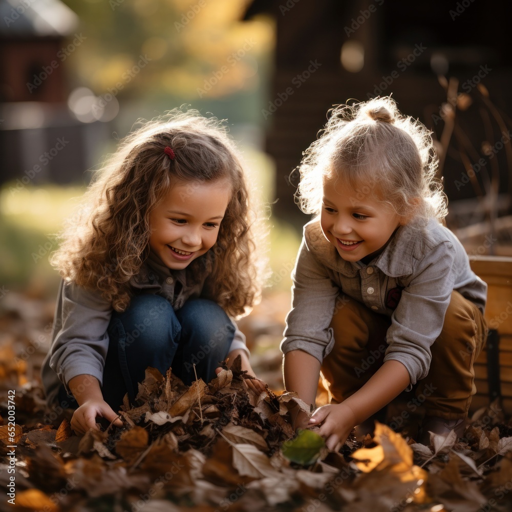 Children playing with fall leaves outside