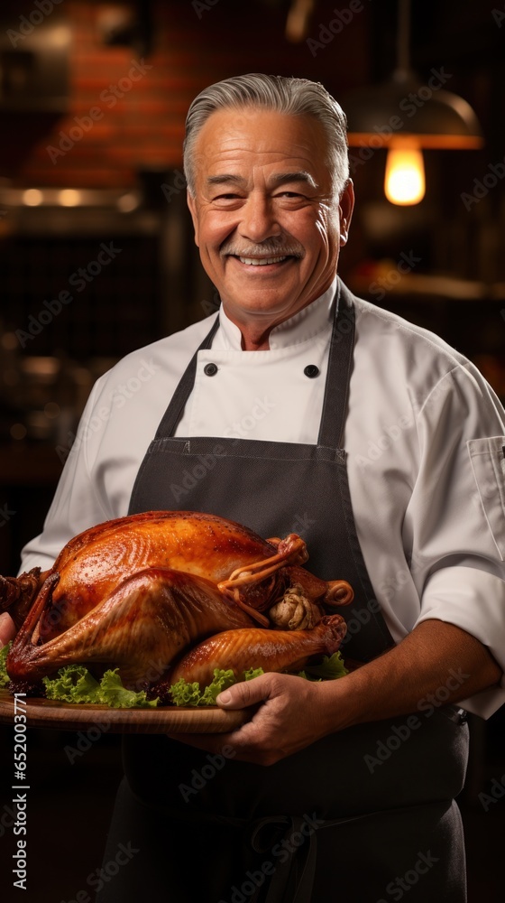 Chef holding turkey with proud expression