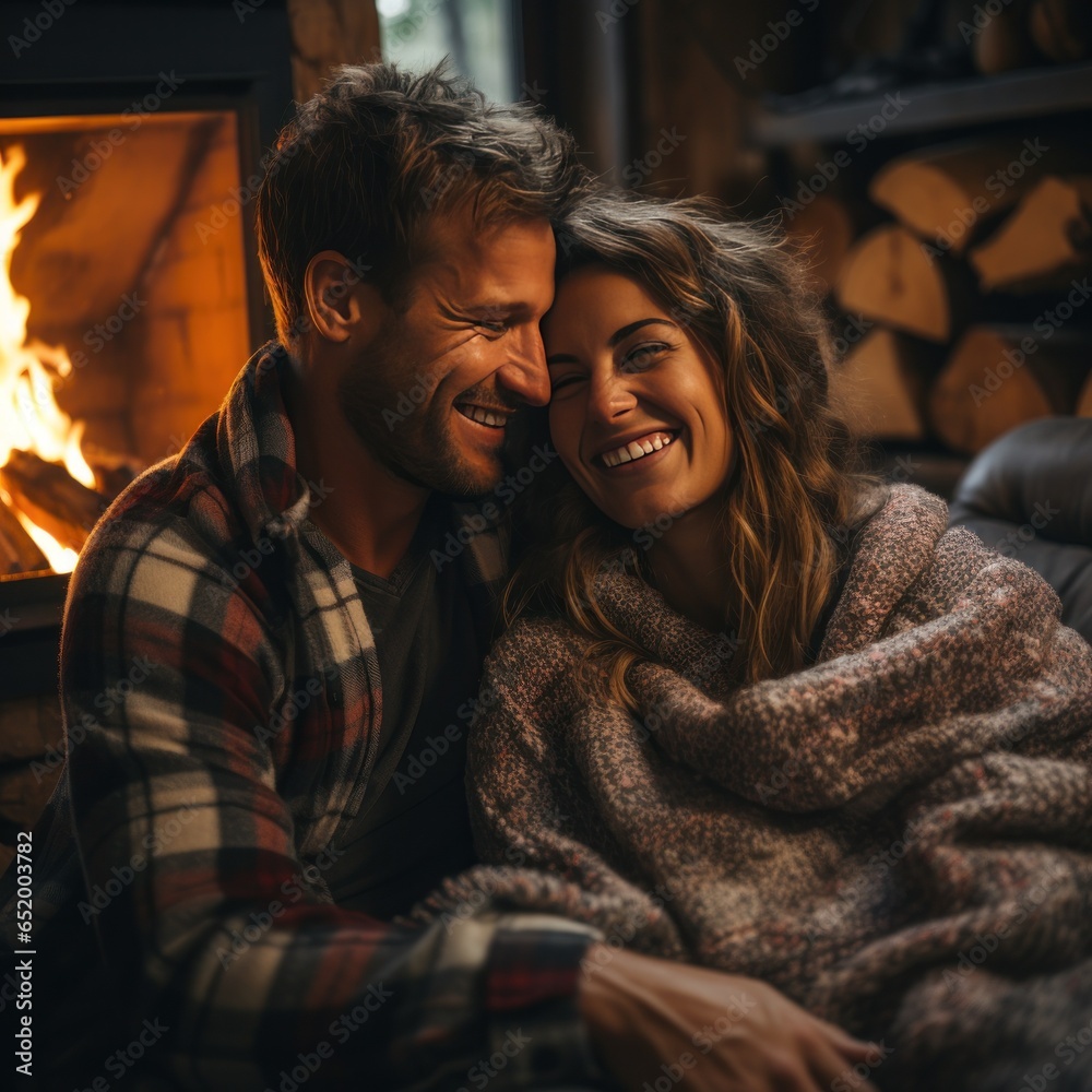 Couple cuddling by a cozy fireplace