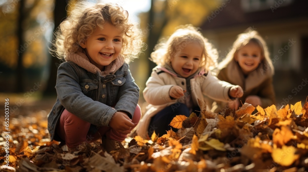 Children playing with fall leaves outside