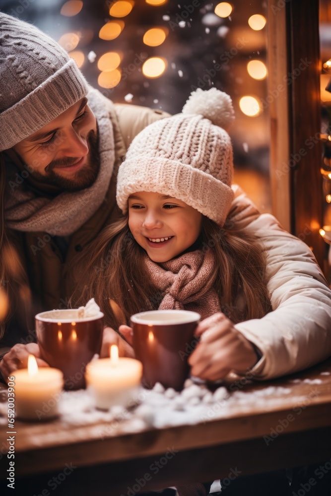 Happy family drinking hot chocolate in winter