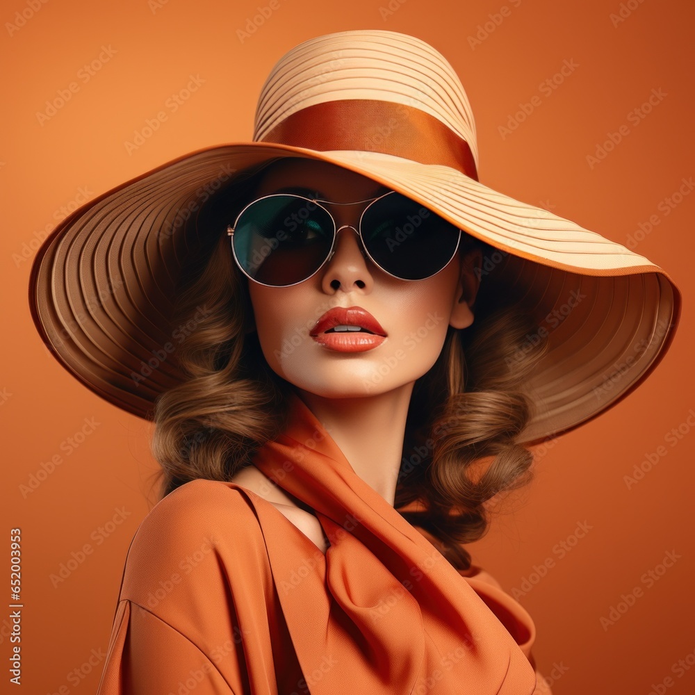 Fashionable woman in oversized hat and sunglasses