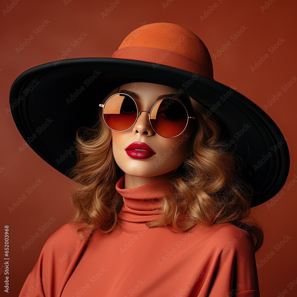 Fashionable woman in oversized hat and sunglasses