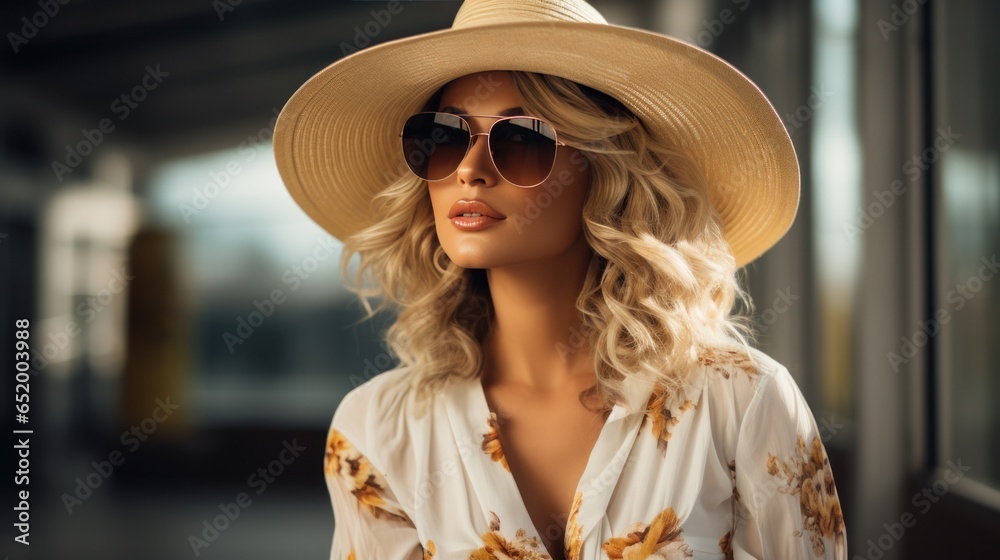 Fashionable woman in oversized hat and sunglasses