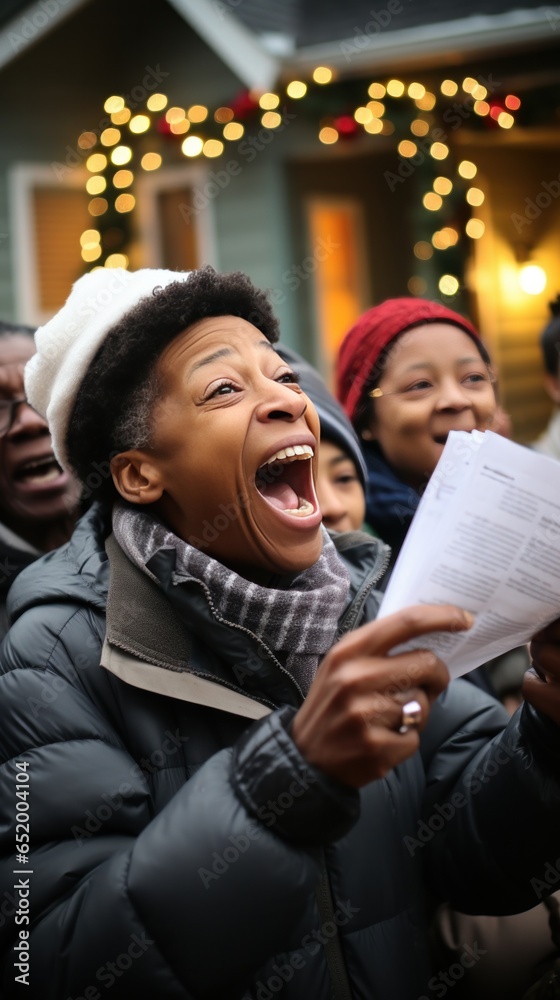 Cheerful group caroling in the neighborhood