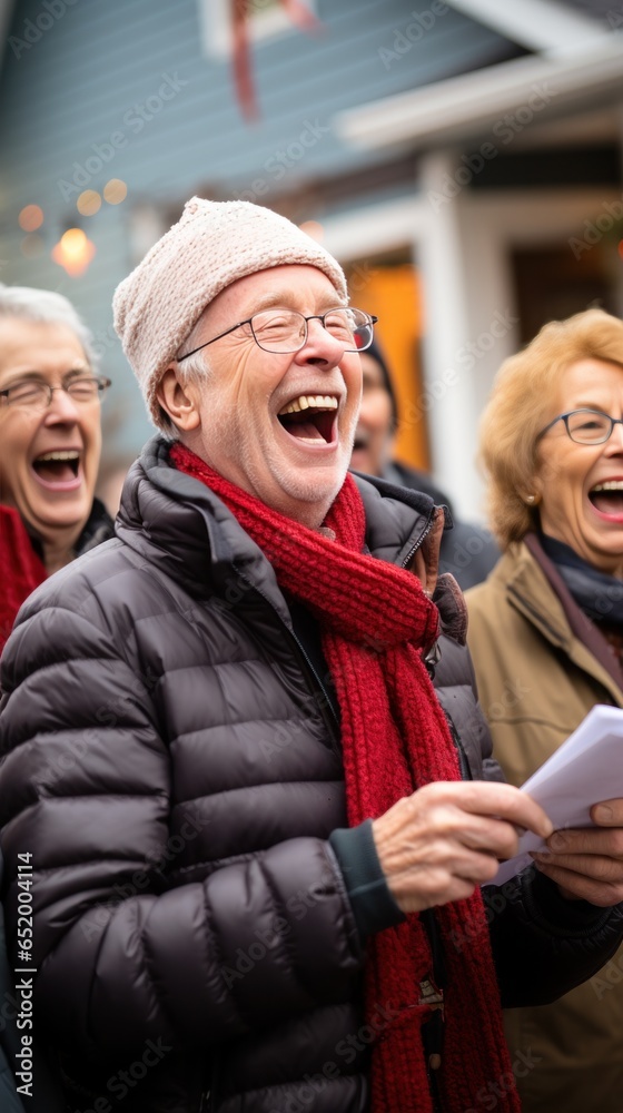 Cheerful group caroling in the neighborhood