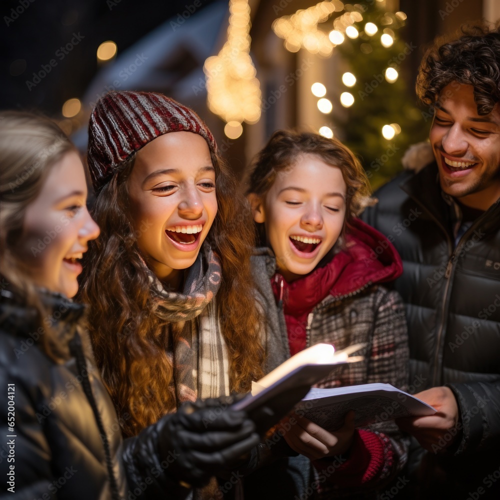 Cheerful group caroling in the neighborhood