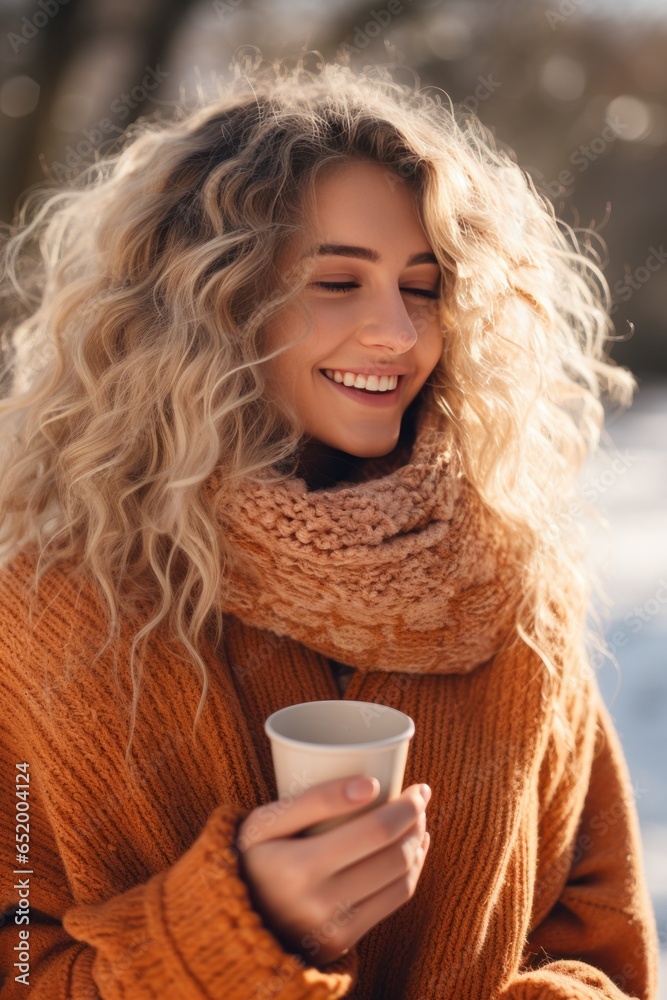 Woman enjoying hot drink in winter scenery