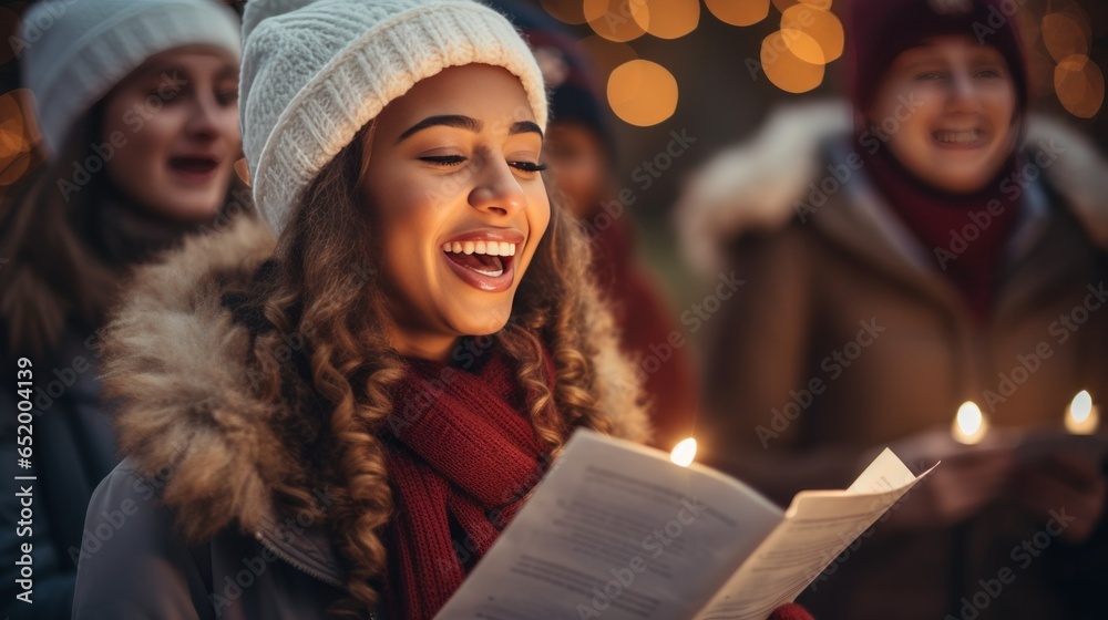 Cheerful group caroling in the neighborhood