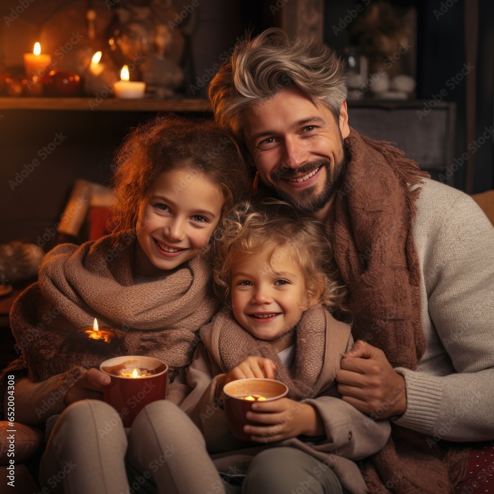 Happy family drinking hot chocolate in winter