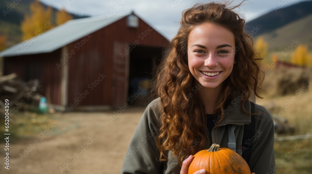 Woman holding pumpkin in front of barn