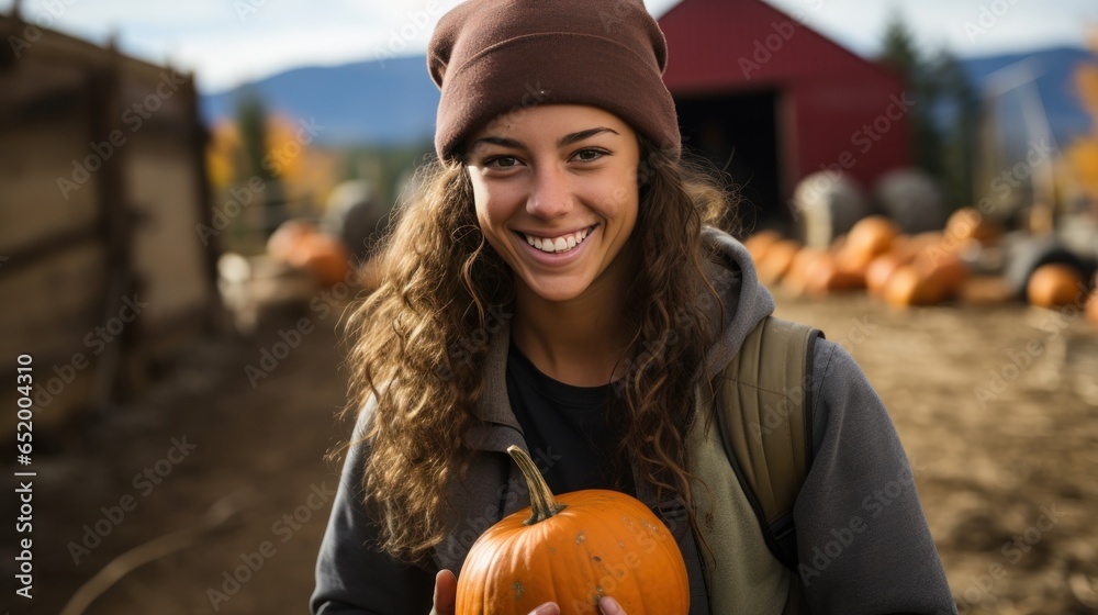 Woman holding pumpkin in front of barn