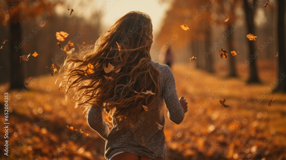 Woman running through field with falling leaves