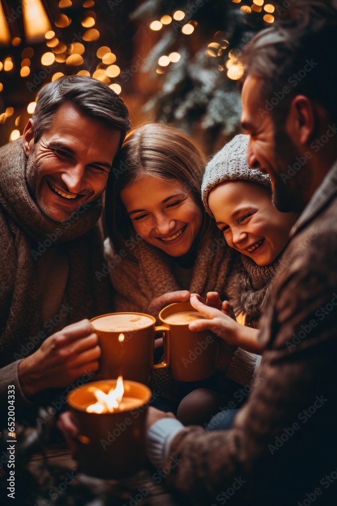 Happy family drinking hot chocolate in winter