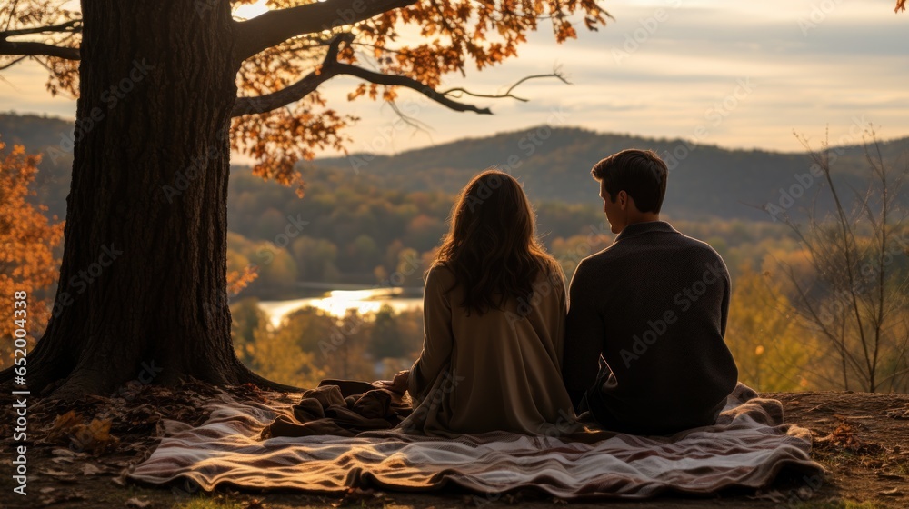 Couple on picnic blanket with autumn scenery