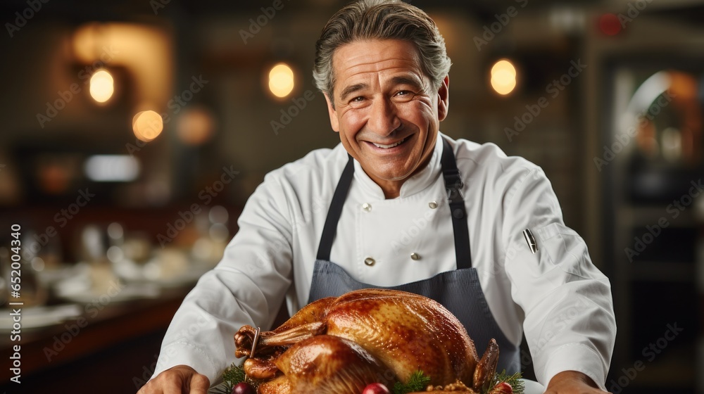 Chef holding turkey with proud expression