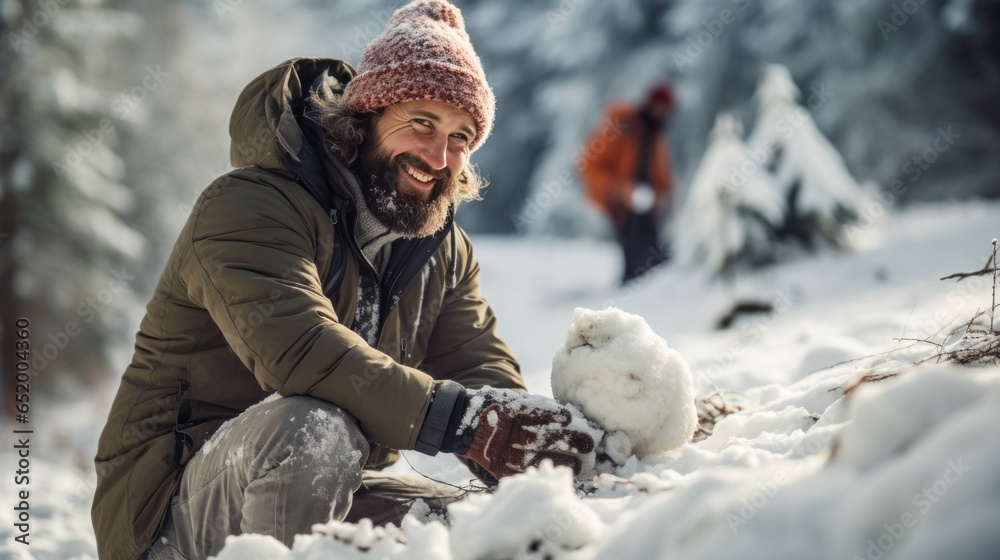 Father and son building snowman