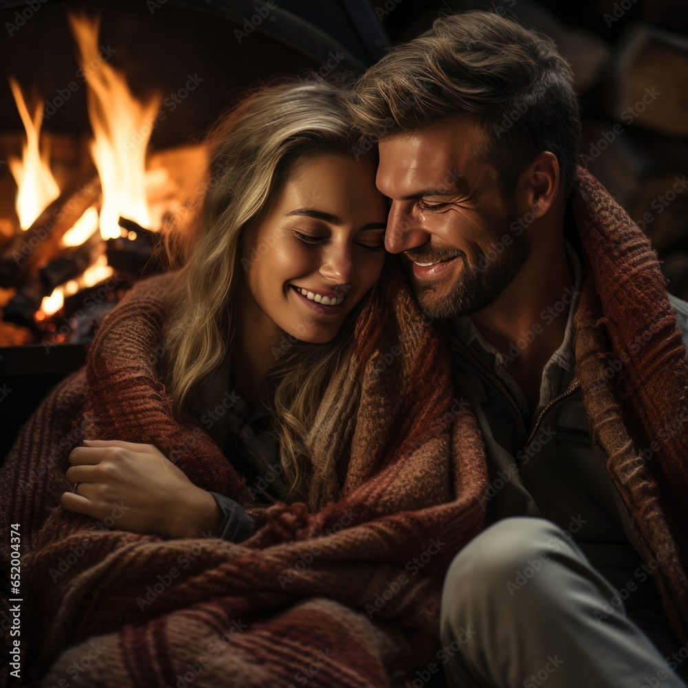 Couple cuddling by a cozy fireplace