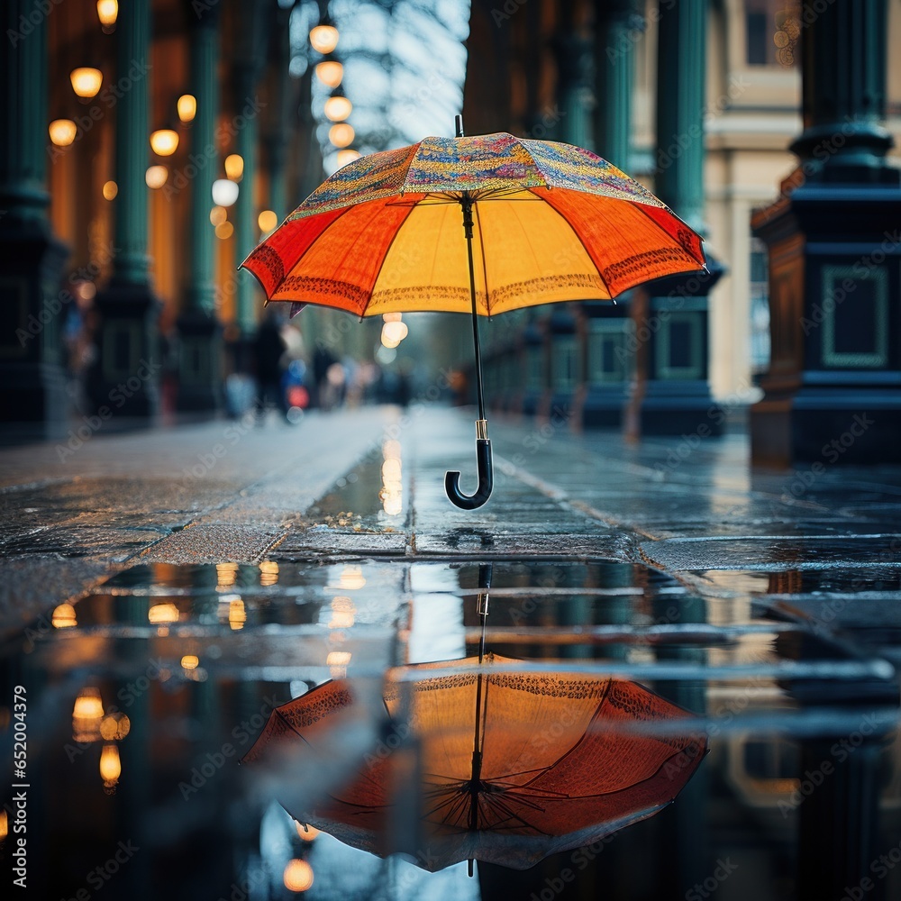 Rainy weather, colorful umbrellas, puddles, reflections