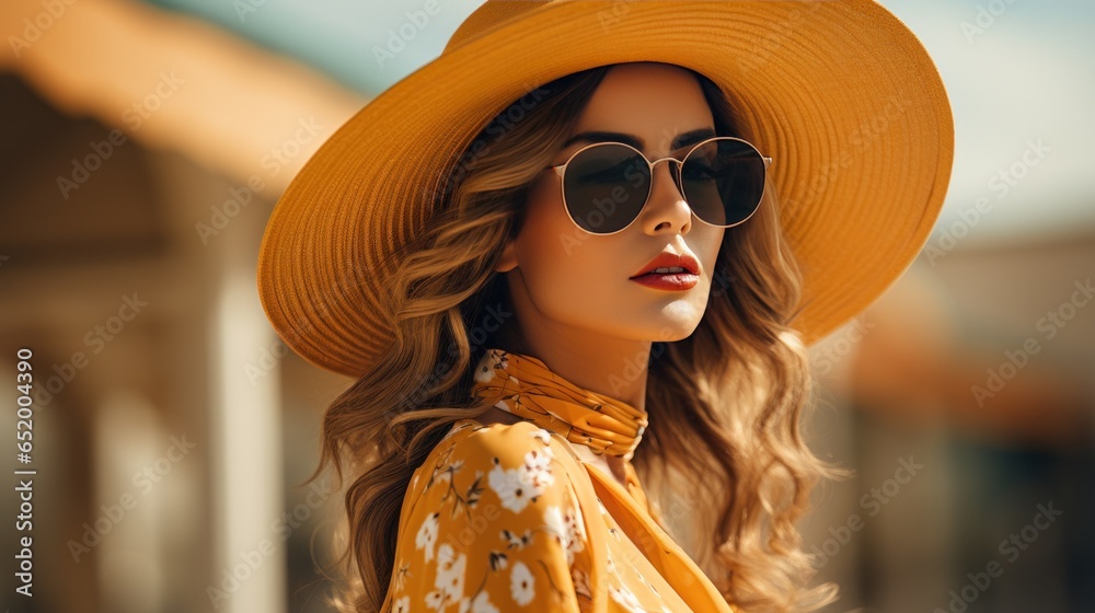 Fashionable woman in oversized hat and sunglasses