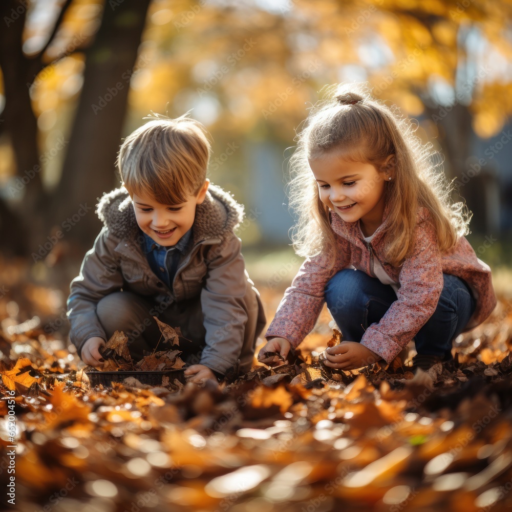 Children playing with fall leaves outside