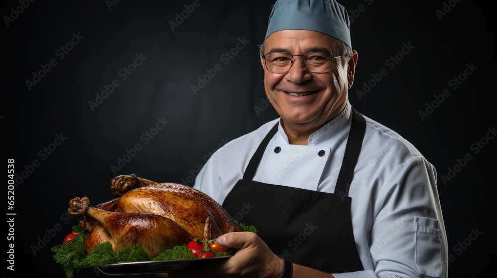 Chef holding turkey with proud expression