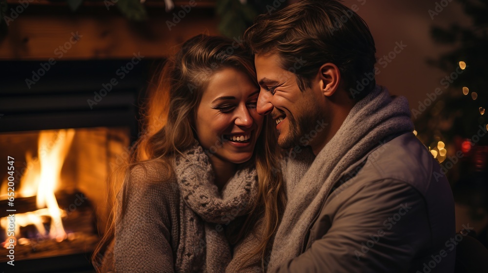 Couple cuddling by a cozy fireplace