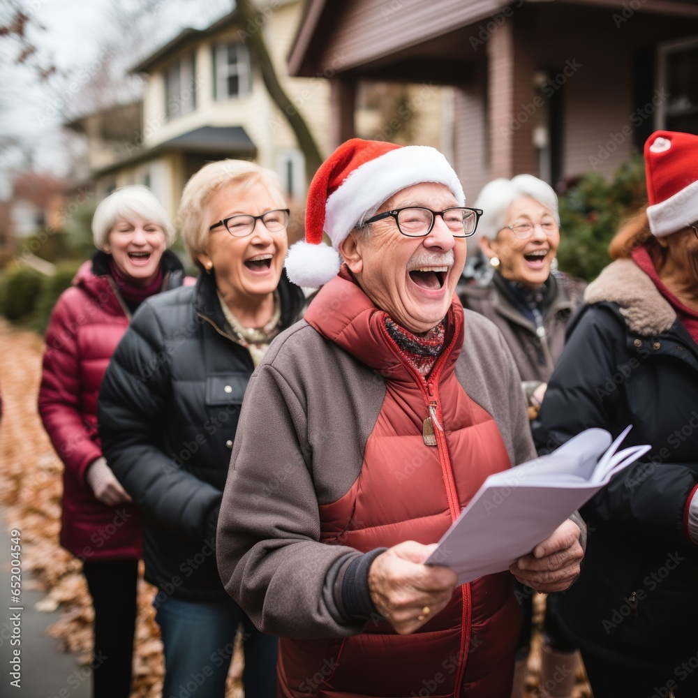 Cheerful group caroling in the neighborhood