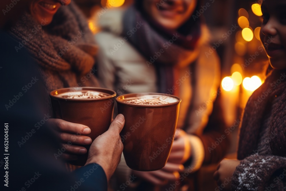 Happy family drinking hot chocolate in winter