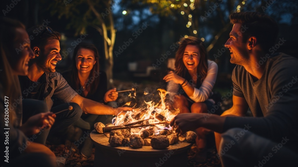 Friends roasting marshmallows by fire pit