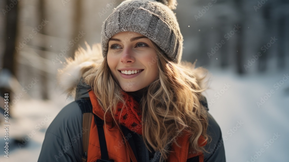 Woman with scarf and hat in snowy forest