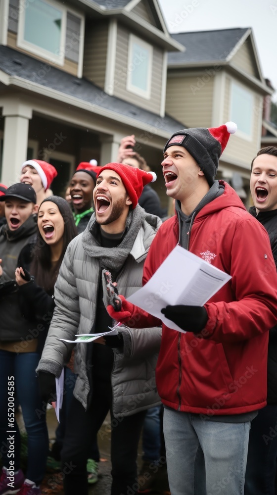 Cheerful group caroling in the neighborhood