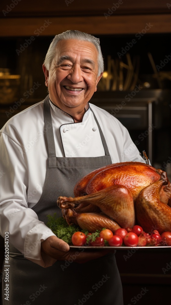 Chef holding turkey with proud expression