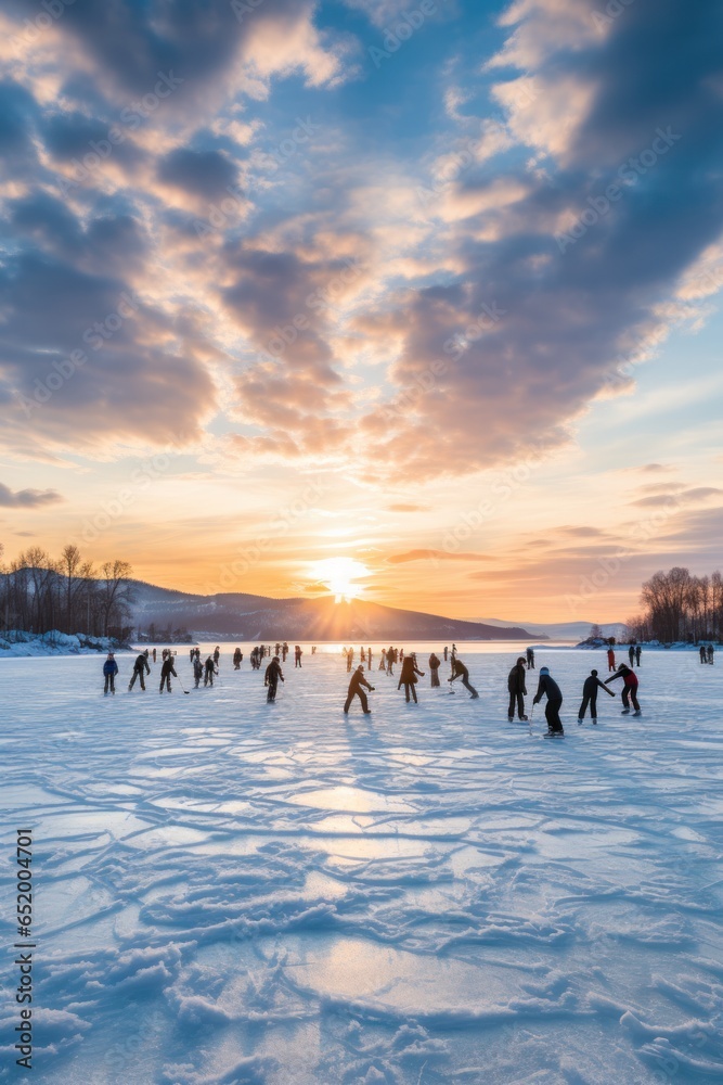 Group of people ice skating on frozen lake