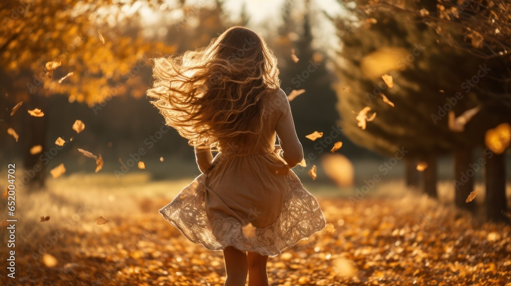 Woman running through field with falling leaves