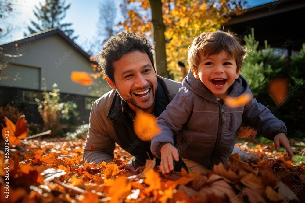 Family playing in leaves in backyard