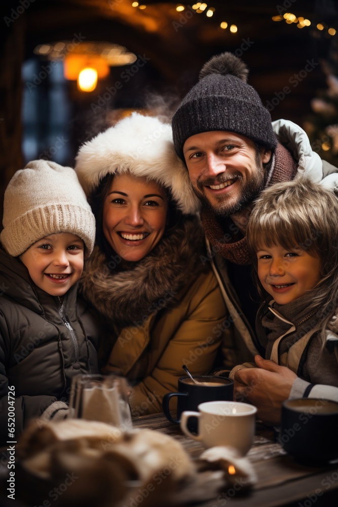 Happy family drinking hot chocolate in winter