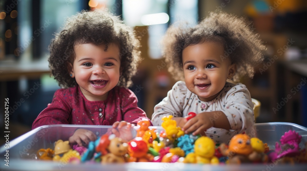 Excited children playing with toys in classroom