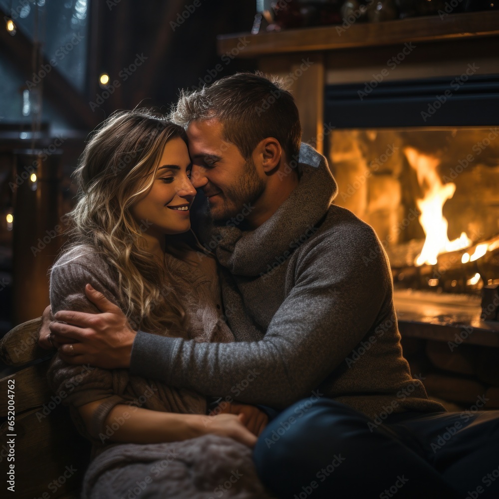 Couple cuddling by a cozy fireplace