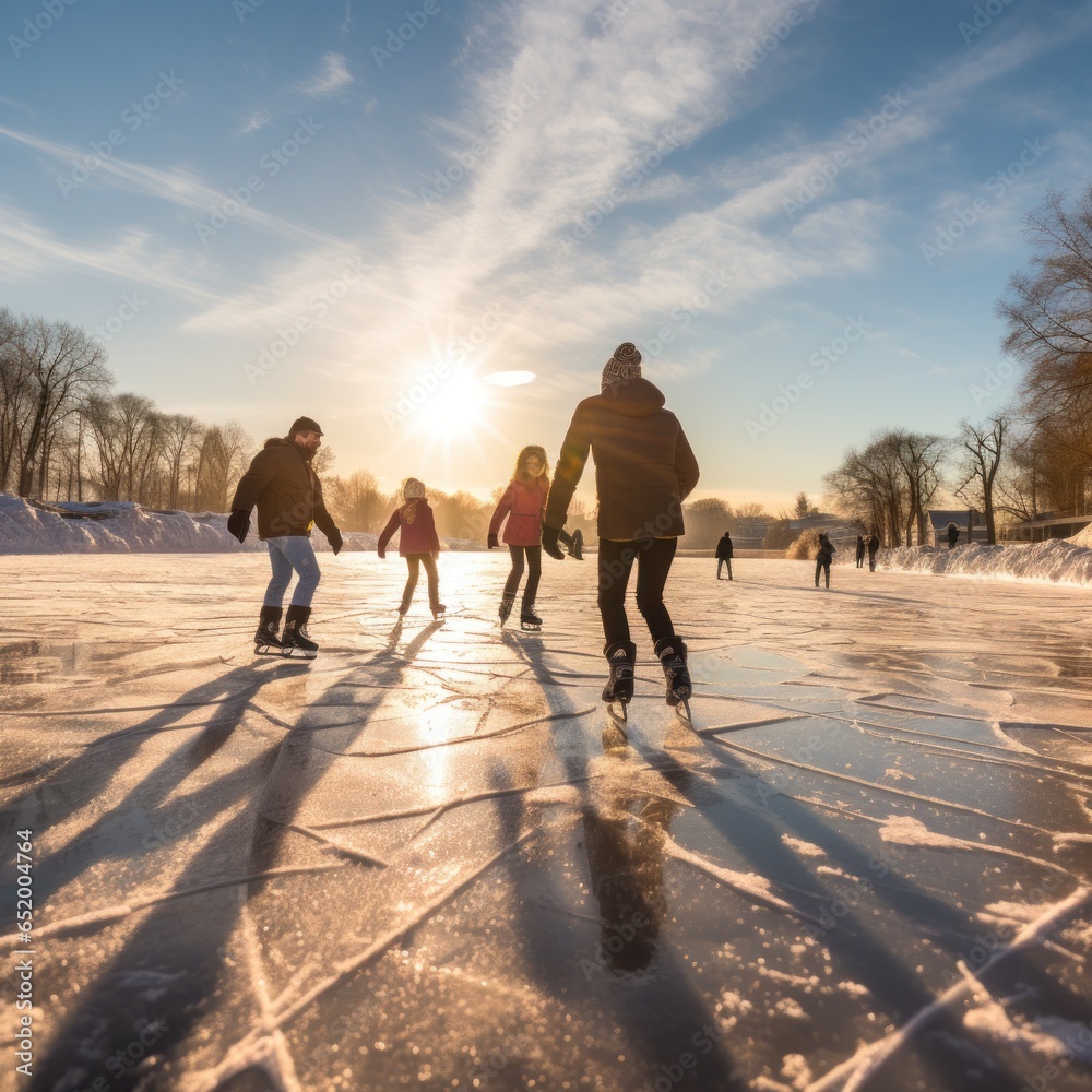 Group of people ice skating on frozen lake