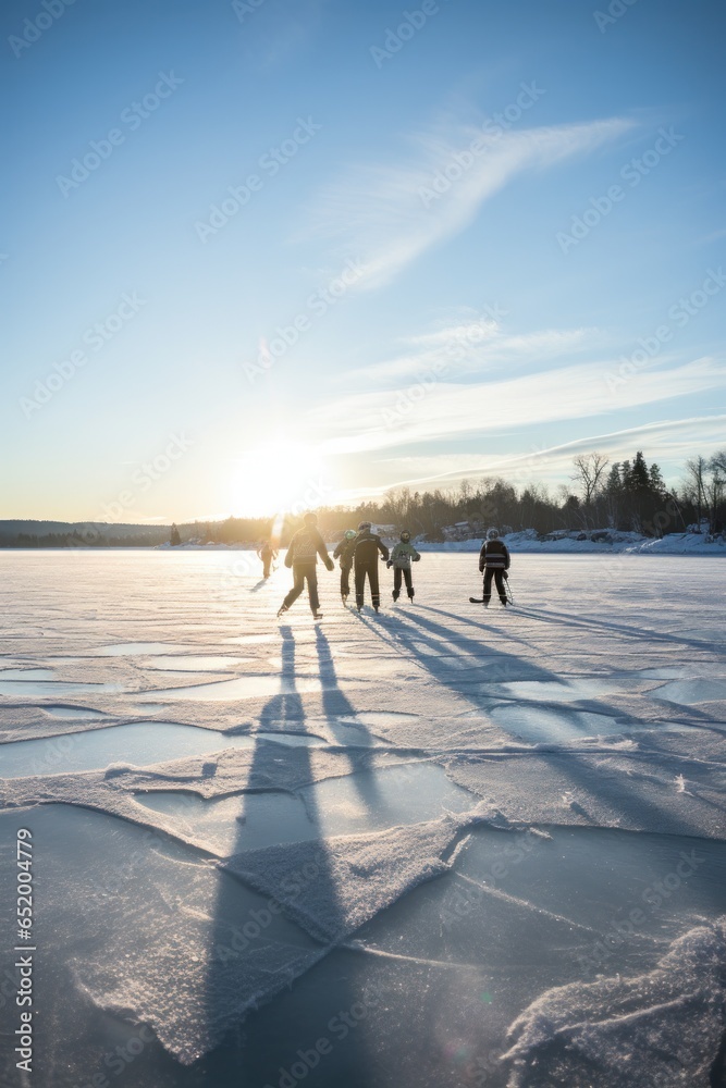 Group of people ice skating on frozen lake